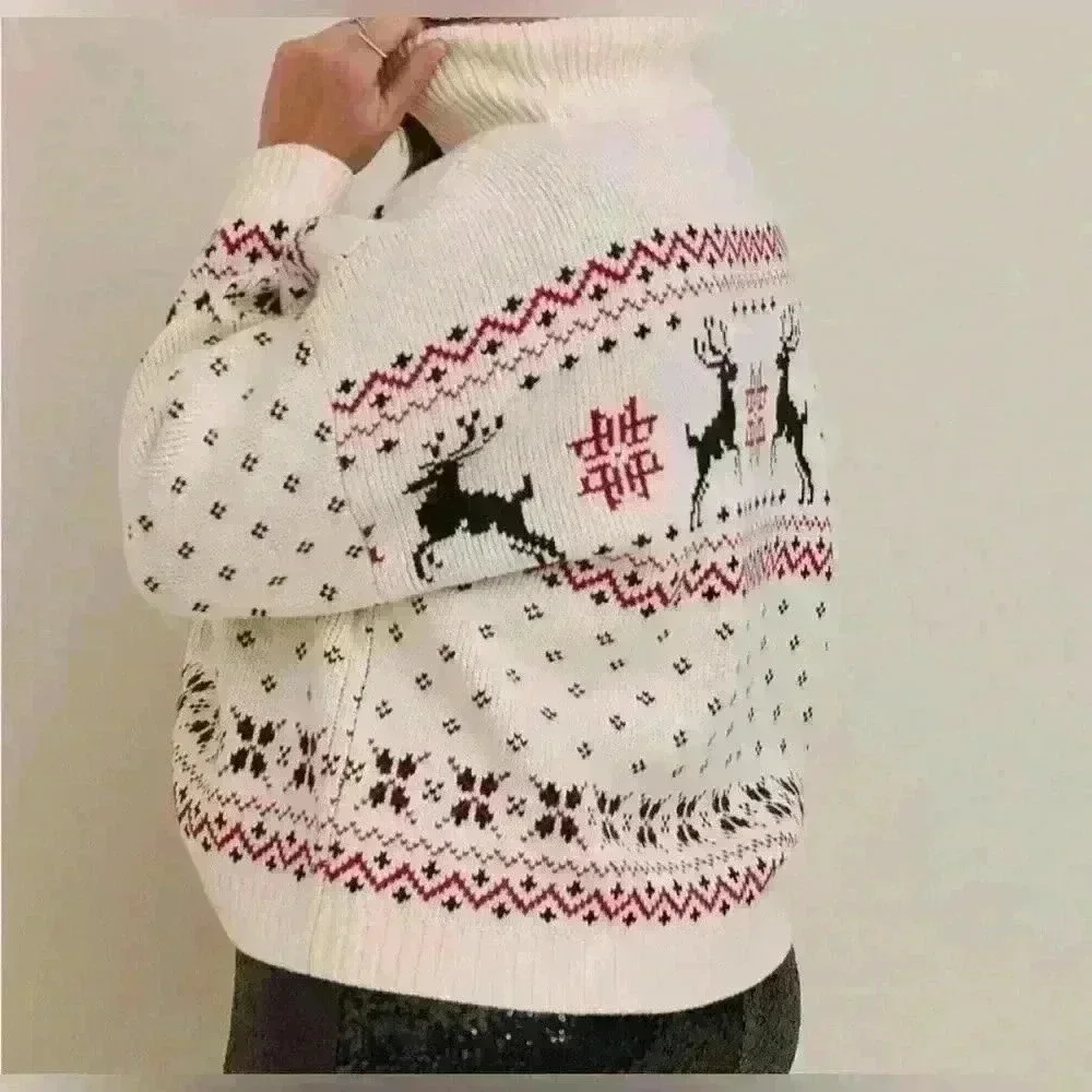TORRID Knit Turtleneck Christmas Pullover Cropped Sweater in Cream/Black/Red